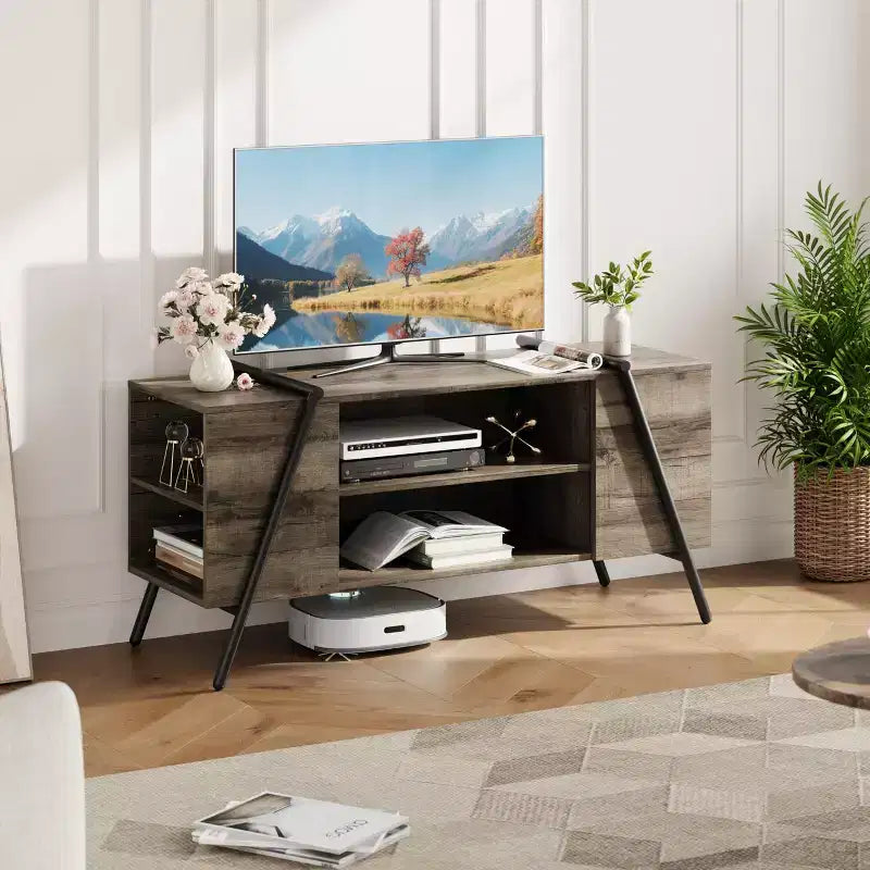 Meuble TV, Meuble de divertissement moderne avec étagère réglable, trous passe-câbles, console multimédia, pieds en métal en forme de U, pour salon, chambre à coucher, mobilier de bureau