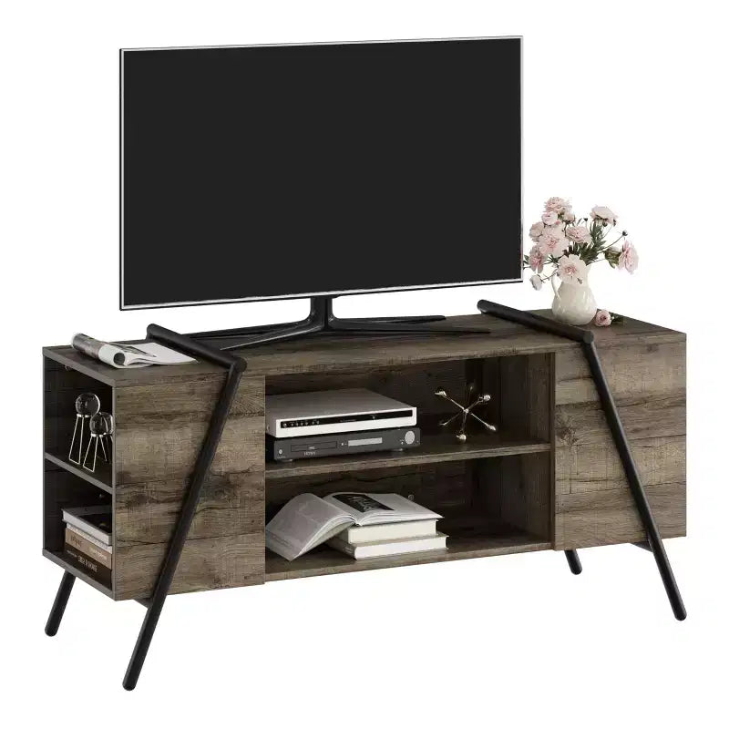 Meuble TV, Meuble de divertissement moderne avec étagère réglable, trous passe-câbles, console multimédia, pieds en métal en forme de U, pour salon, chambre à coucher, mobilier de bureau
