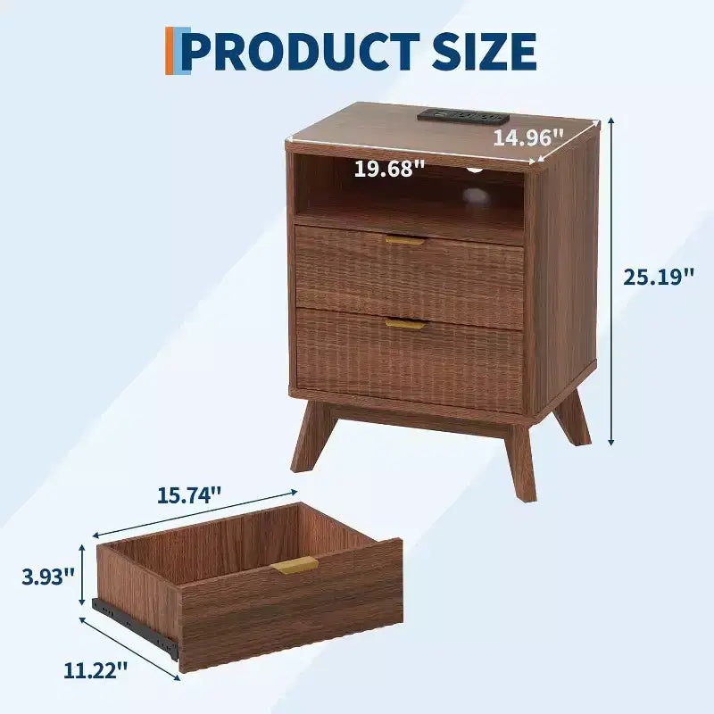 Table de chevet cannelée avec station de recharge, table de chevet avec 2 tiroirs de rangement, table d'appoint avec 2 tiroirs et pieds en bois massif