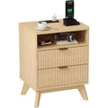 Fluted Nightstand with Charging Station,Bedside Table with 2 Storage Drawers,End Table with 2 Drawers and Solid Wood Legs