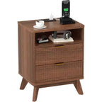 Table de chevet cannelée avec station de recharge, table de chevet avec 2 tiroirs de rangement, table d'appoint avec 2 tiroirs et pieds en bois massif