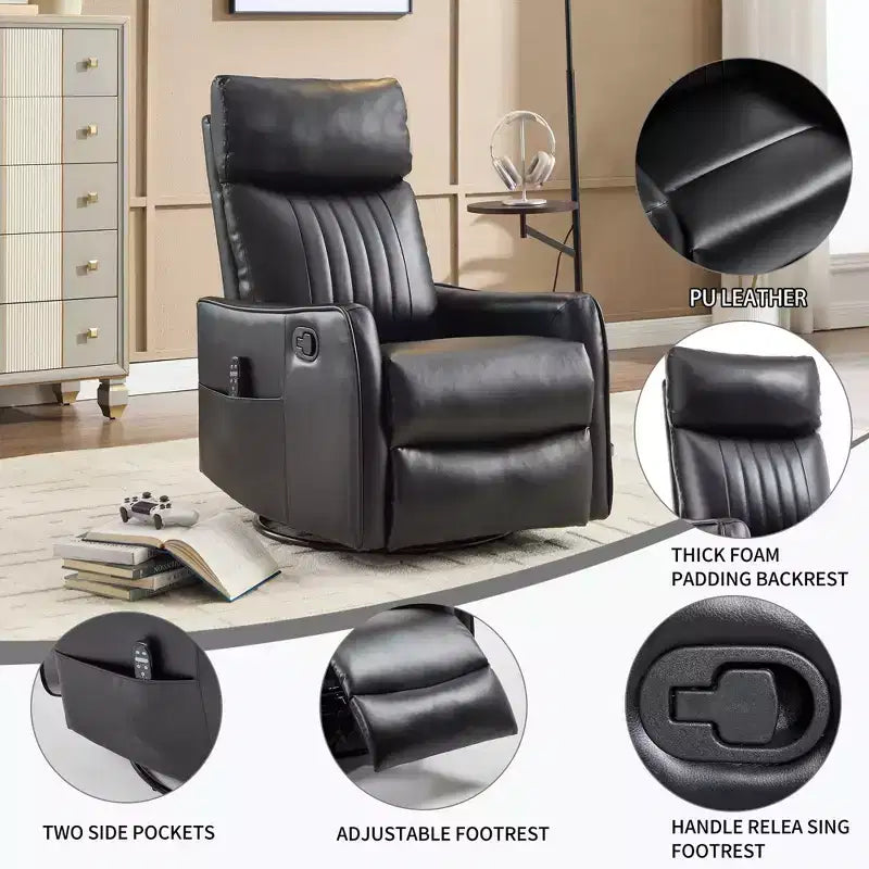 Fauteuil inclinable manuel massant et chauffant en similicuir noir avec fonction bascule et pivot pour salon