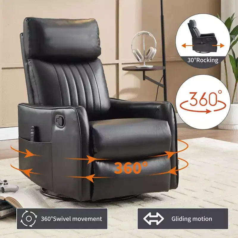 Fauteuil inclinable manuel massant et chauffant en similicuir noir avec fonction bascule et pivot pour salon