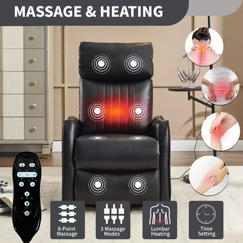 Fauteuil inclinable manuel massant et chauffant en similicuir noir avec fonction bascule et pivot pour salon