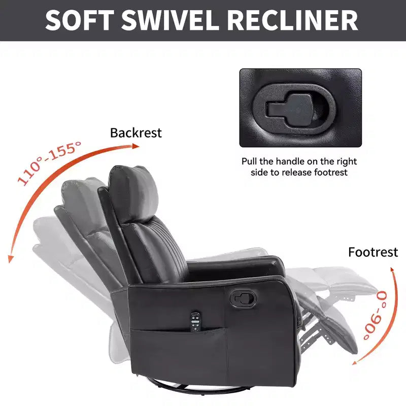 Fauteuil inclinable manuel massant et chauffant en similicuir noir avec fonction bascule et pivot pour salon
