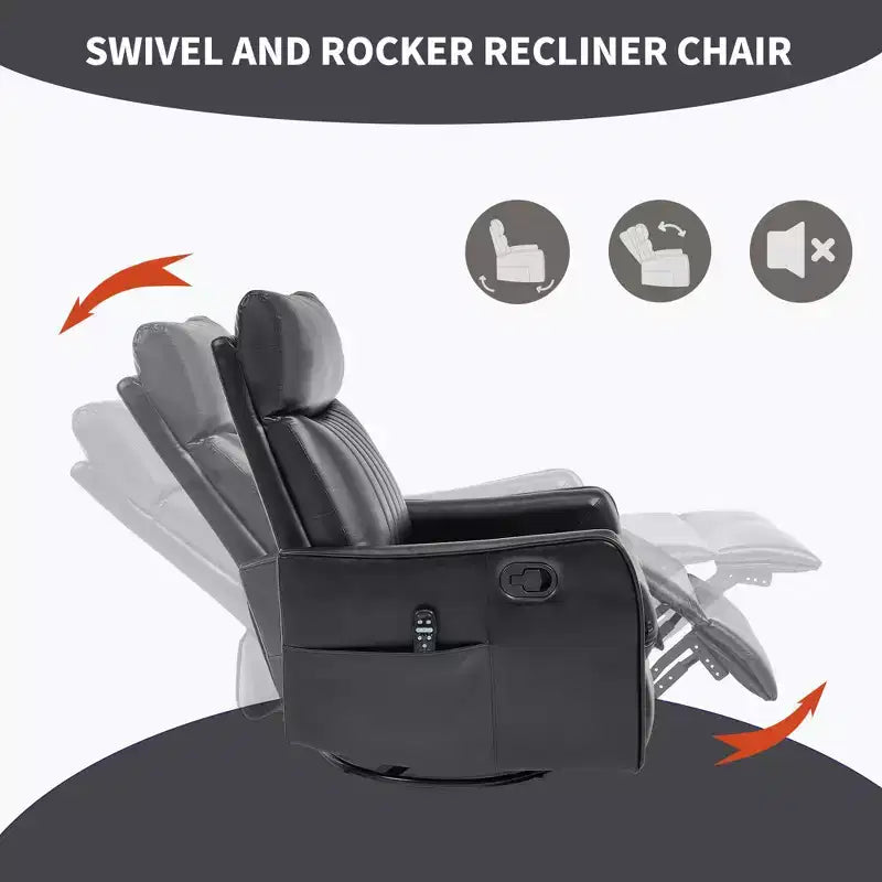Fauteuil inclinable manuel massant et chauffant en similicuir noir avec fonction bascule et pivot pour salon