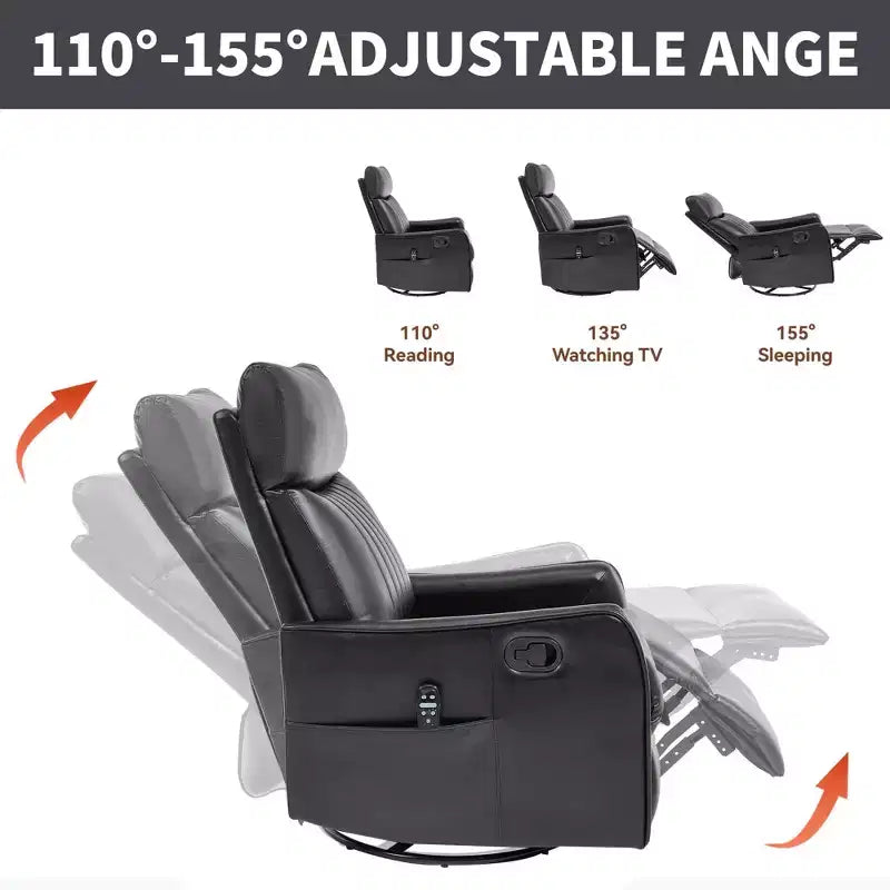 Fauteuil inclinable manuel massant et chauffant en similicuir noir avec fonction bascule et pivot pour salon
