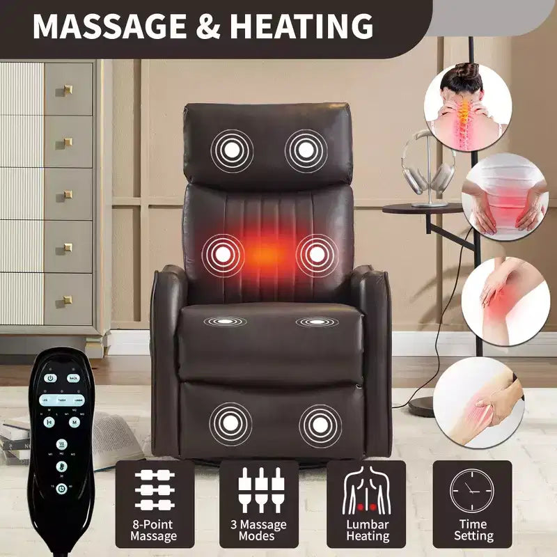 Fauteuil inclinable manuel massant et chauffant en similicuir noir avec fonction bascule et pivot pour salon