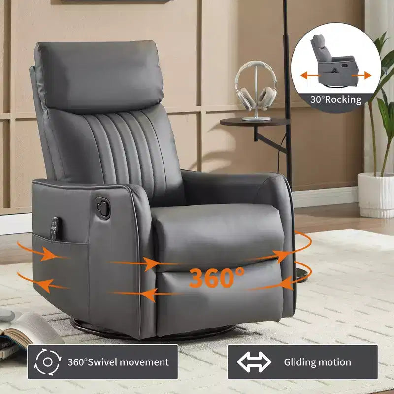 Fauteuil inclinable manuel massant et chauffant en similicuir noir avec fonction bascule et pivot pour salon