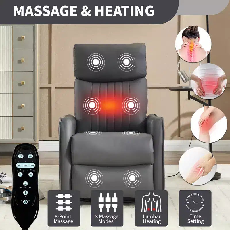 Fauteuil inclinable manuel massant et chauffant en similicuir noir avec fonction bascule et pivot pour salon