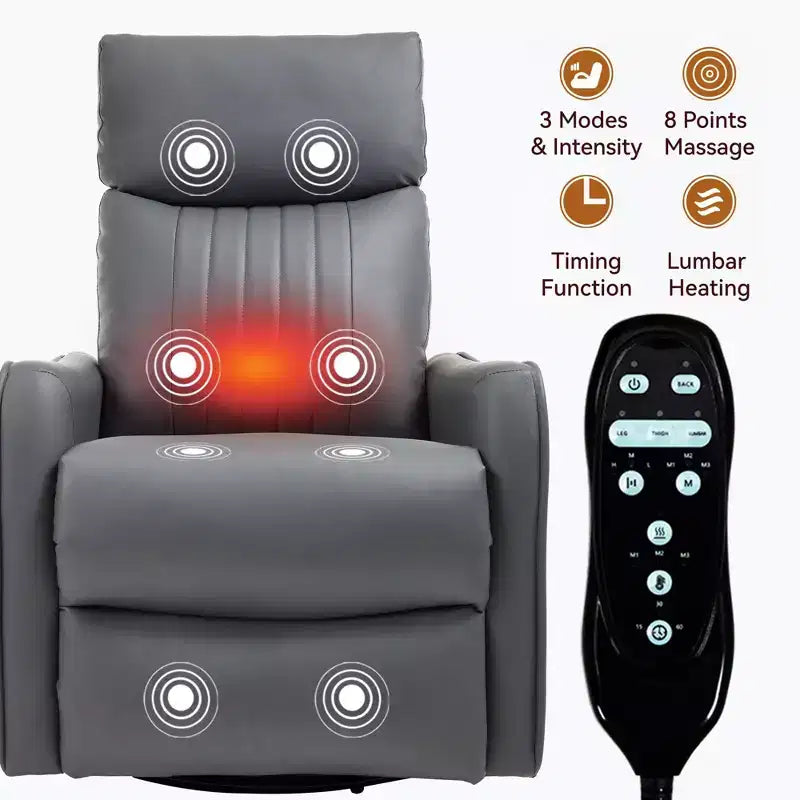 Fauteuil inclinable manuel massant et chauffant en similicuir noir avec fonction bascule et pivot pour salon