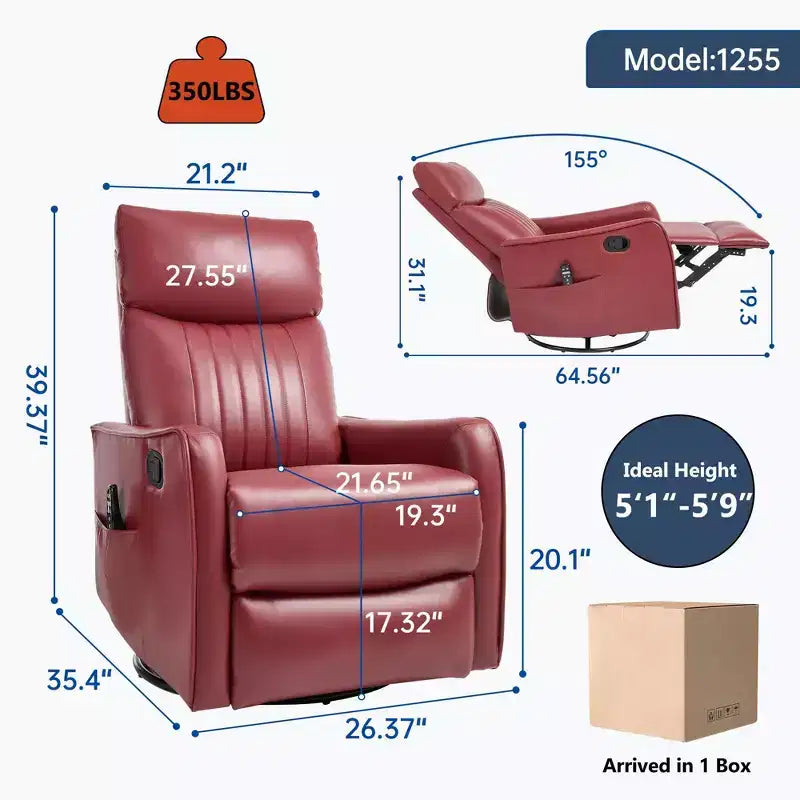 Fauteuil inclinable manuel massant et chauffant en similicuir noir avec fonction bascule et pivot pour salon