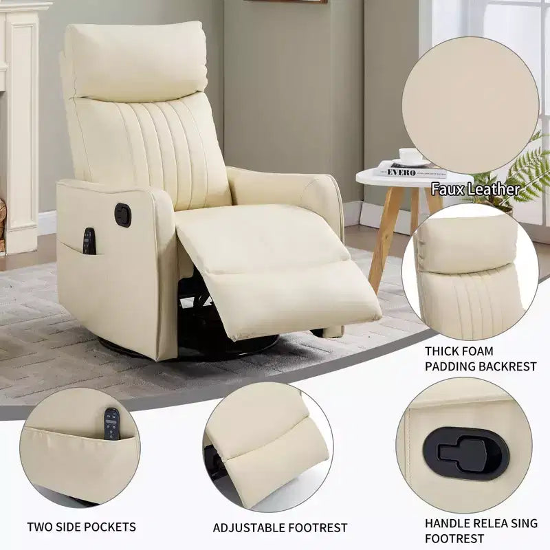 Fauteuil inclinable manuel massant et chauffant en similicuir noir avec fonction bascule et pivot pour salon