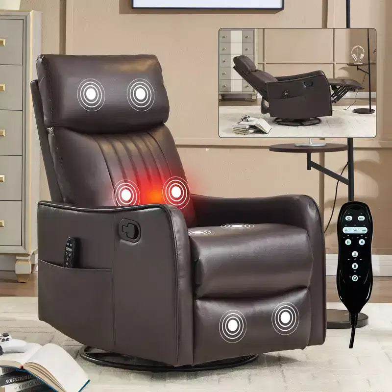 Fauteuil inclinable manuel massant et chauffant en similicuir noir avec fonction bascule et pivot pour salon