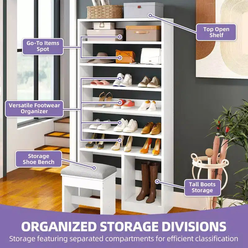 Meuble à chaussures de 180 cm de haut avec rangement ouvert et casier pour bottes hautes pour l'entrée du salon