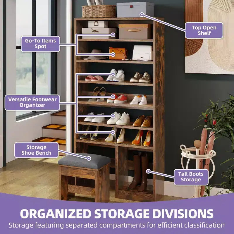 Meuble à chaussures de 180 cm de haut avec rangement ouvert et casier pour bottes hautes pour l'entrée du salon