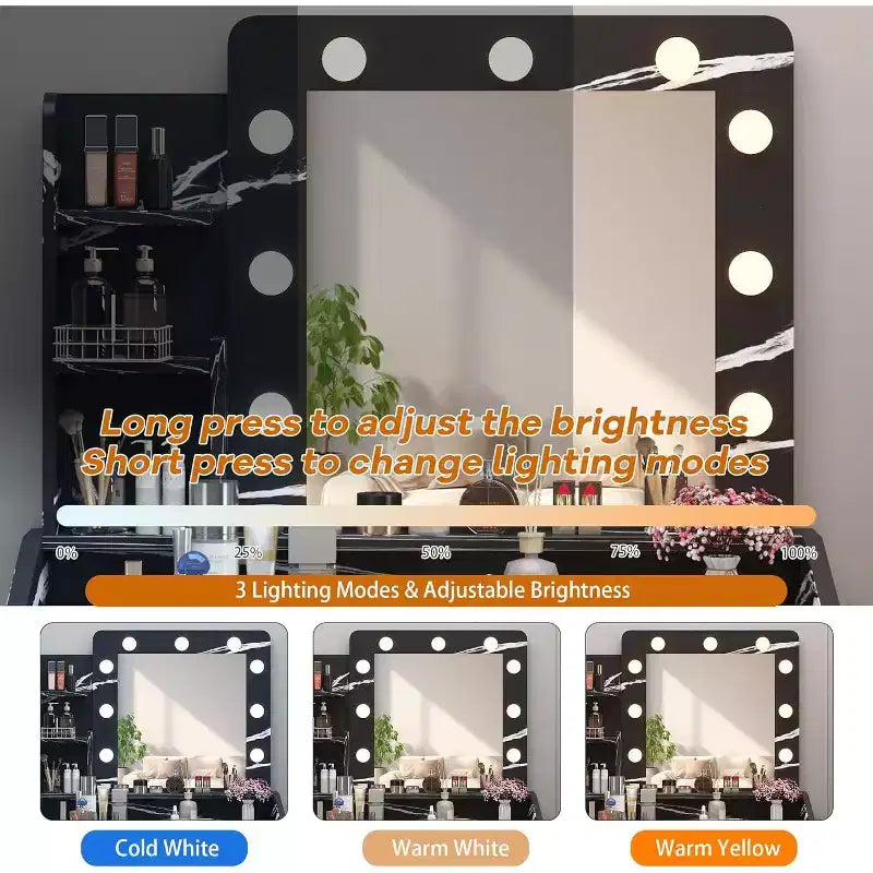 Coiffeuse Acekool avec Miroir, Ampoules, Chaise, Tiroirs et Prises de Courant pour Chambre ou Salon
