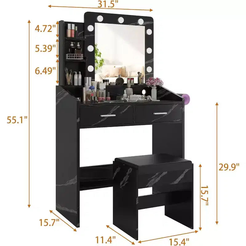 Coiffeuse Acekool avec Miroir, Ampoules, Chaise, Tiroirs et Prises de Courant pour Chambre ou Salon