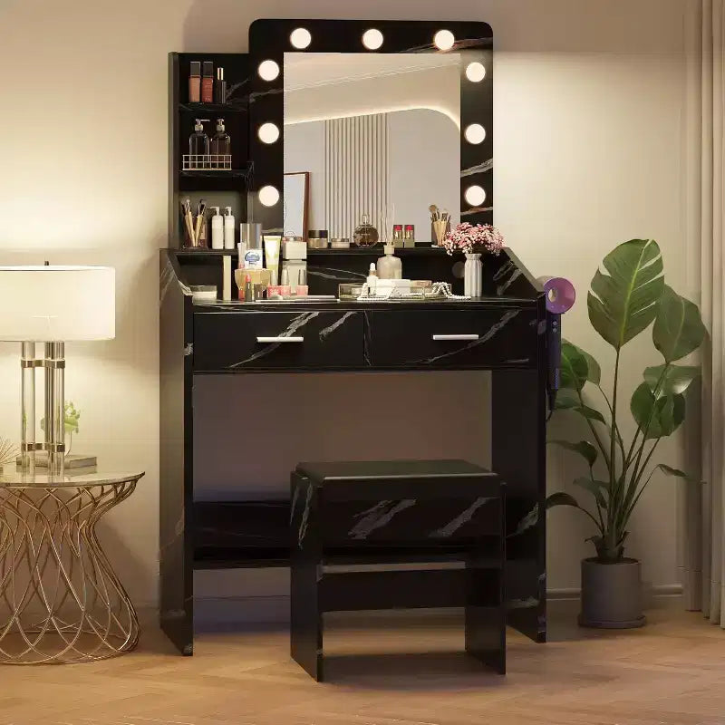 Coiffeuse Acekool avec Miroir, Ampoules, Chaise, Tiroirs et Prises de Courant pour Chambre ou Salon