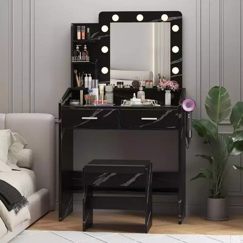 Coiffeuse Acekool avec Miroir, Ampoules, Chaise, Tiroirs et Prises de Courant pour Chambre ou Salon