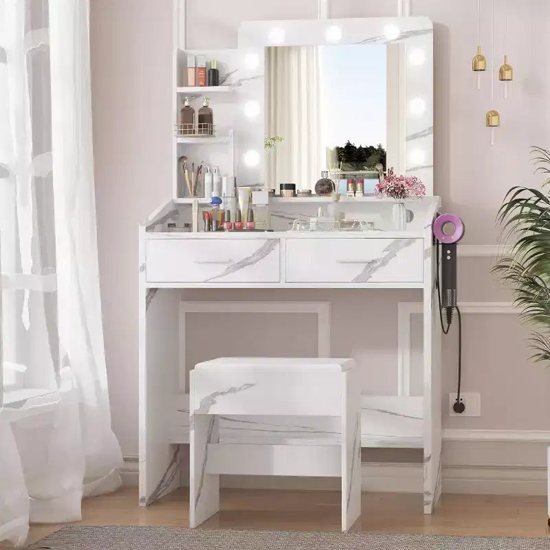 Coiffeuse Acekool avec Miroir, Ampoules, Chaise, Tiroirs et Prises de Courant pour Chambre ou Salon