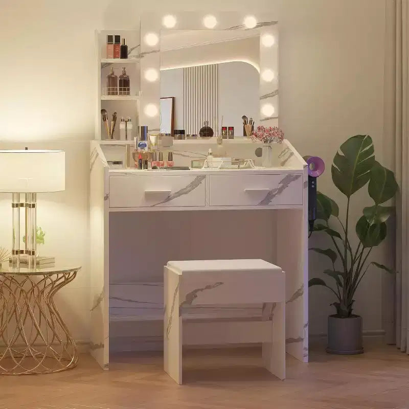 Coiffeuse Acekool avec Miroir, Ampoules, Chaise, Tiroirs et Prises de Courant pour Chambre ou Salon