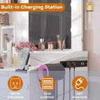 Coiffeuse Acekool avec Miroir, Ampoules, Chaise, Tiroirs et Prises de Courant pour Chambre ou Salon