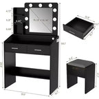 Coiffeuse Acekool avec Miroir, Ampoules, Chaise, Tiroirs et Prises de Courant pour Chambre ou Salon