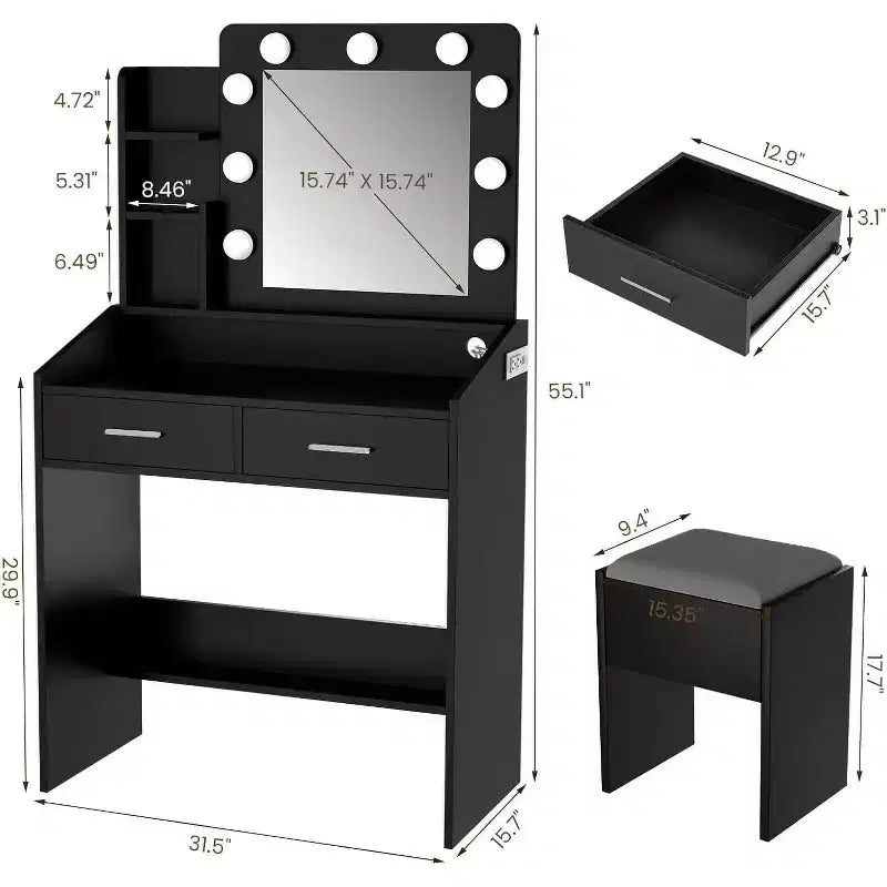 Coiffeuse Acekool avec Miroir, Ampoules, Chaise, Tiroirs et Prises de Courant pour Chambre ou Salon