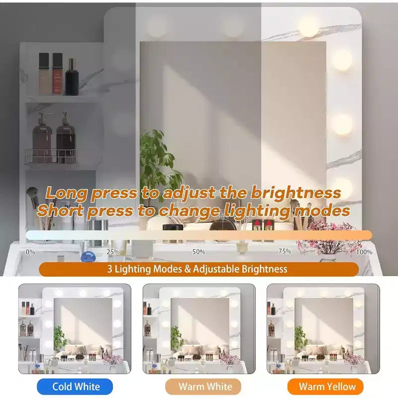 Coiffeuse Acekool avec Miroir, Ampoules, Chaise, Tiroirs et Prises de Courant pour Chambre ou Salon