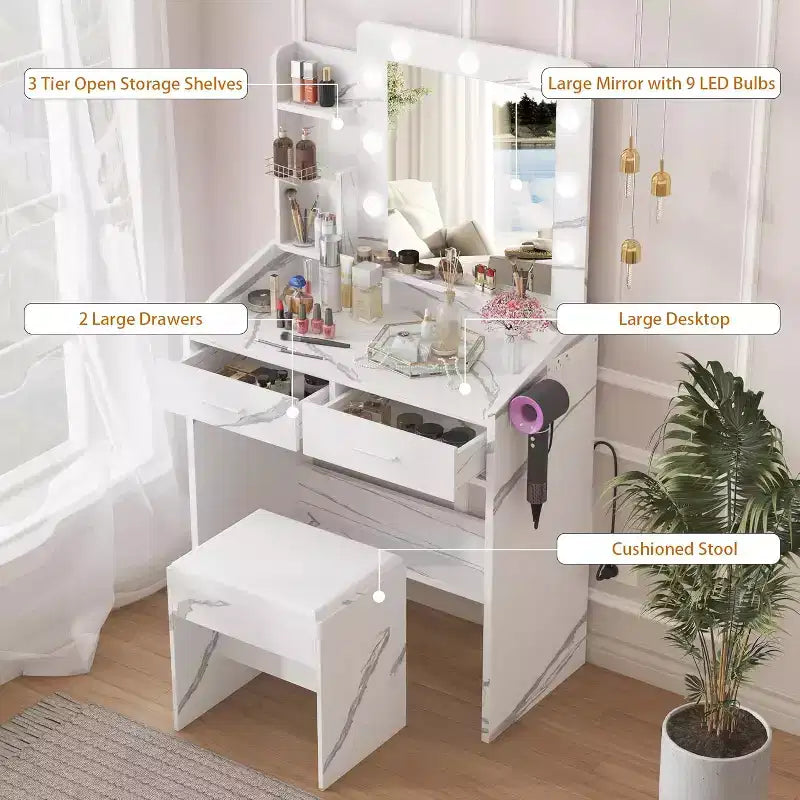 Coiffeuse Acekool avec Miroir, Ampoules, Chaise, Tiroirs et Prises de Courant pour Chambre ou Salon