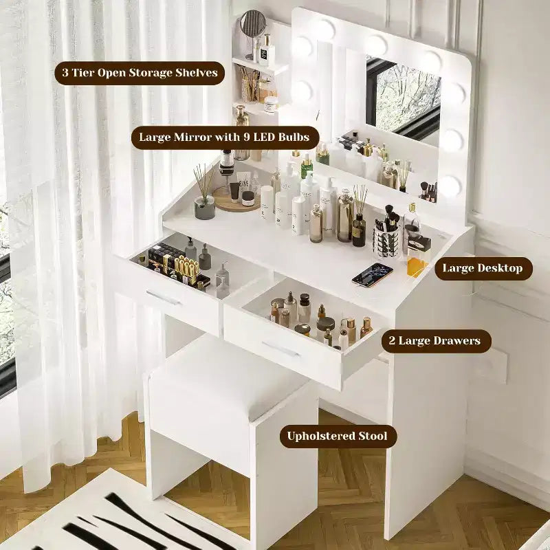 Coiffeuse Acekool avec Miroir, Ampoules, Chaise, Tiroirs et Prises de Courant pour Chambre ou Salon