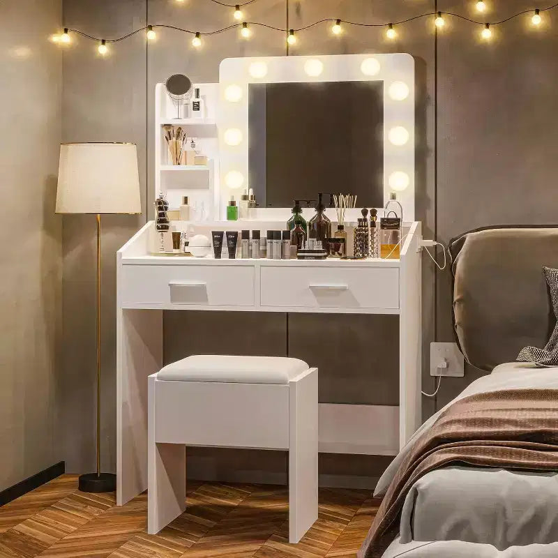 Coiffeuse Acekool avec Miroir, Ampoules, Chaise, Tiroirs et Prises de Courant pour Chambre ou Salon