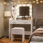 Coiffeuse Acekool avec Miroir, Ampoules, Chaise, Tiroirs et Prises de Courant pour Chambre ou Salon