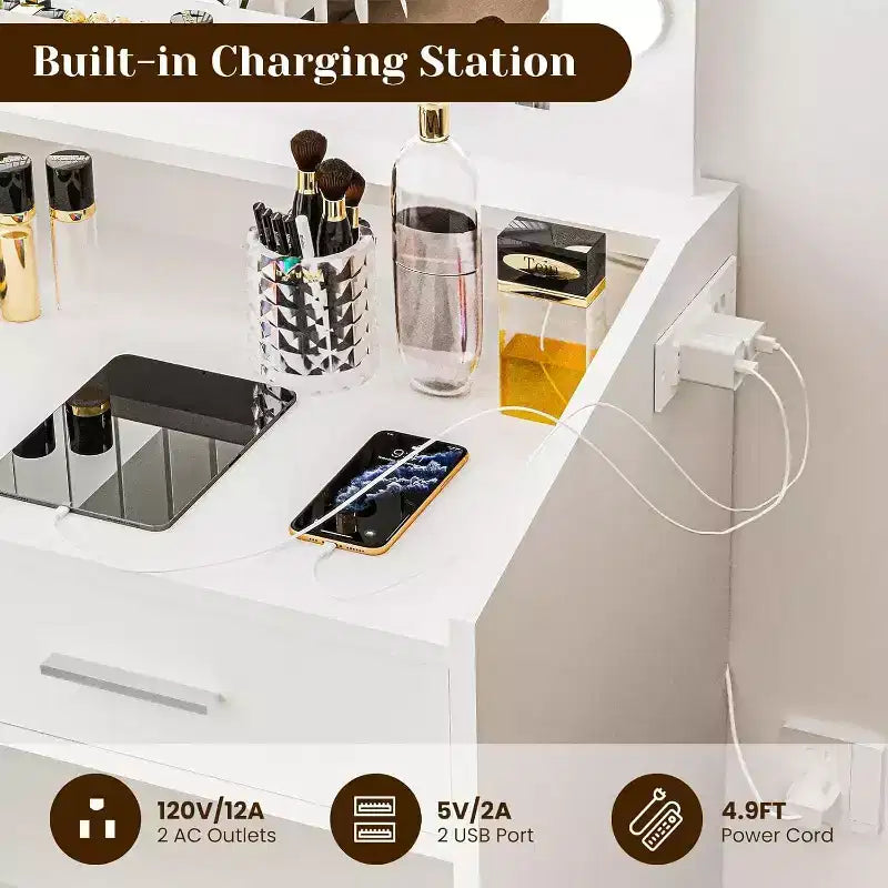 Coiffeuse Acekool avec Miroir, Ampoules, Chaise, Tiroirs et Prises de Courant pour Chambre ou Salon