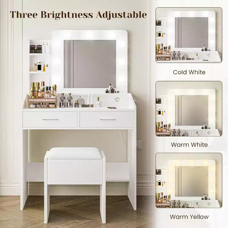 Coiffeuse Acekool avec Miroir, Ampoules, Chaise, Tiroirs et Prises de Courant pour Chambre ou Salon