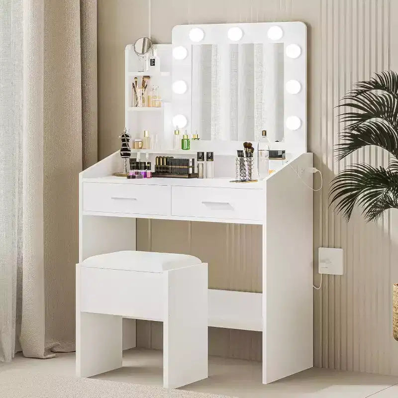 Coiffeuse Acekool avec Miroir, Ampoules, Chaise, Tiroirs et Prises de Courant pour Chambre ou Salon
