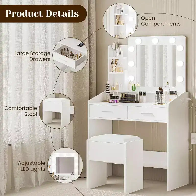 Coiffeuse Acekool avec Miroir, Ampoules, Chaise, Tiroirs et Prises de Courant pour Chambre ou Salon