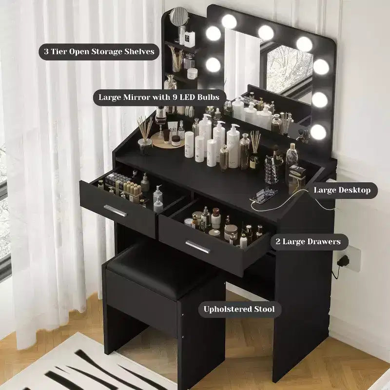 Coiffeuse Acekool avec Miroir, Ampoules, Chaise, Tiroirs et Prises de Courant pour Chambre ou Salon