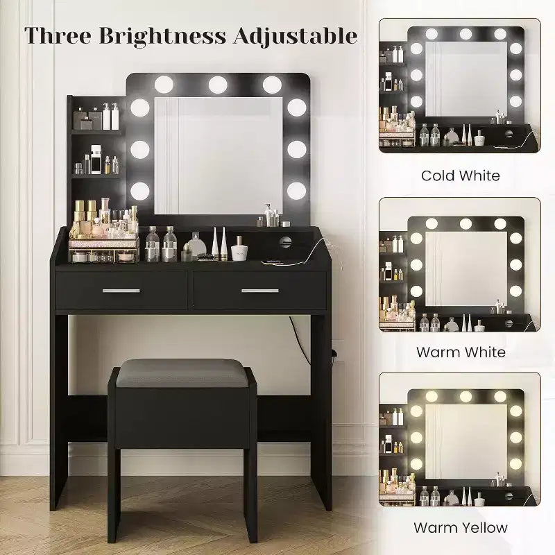 Coiffeuse Acekool avec Miroir, Ampoules, Chaise, Tiroirs et Prises de Courant pour Chambre ou Salon