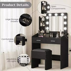 Coiffeuse Acekool avec Miroir, Ampoules, Chaise, Tiroirs et Prises de Courant pour Chambre ou Salon