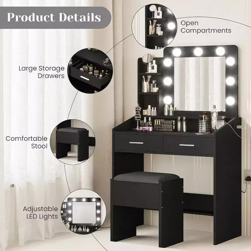 Coiffeuse Acekool avec Miroir, Ampoules, Chaise, Tiroirs et Prises de Courant pour Chambre ou Salon