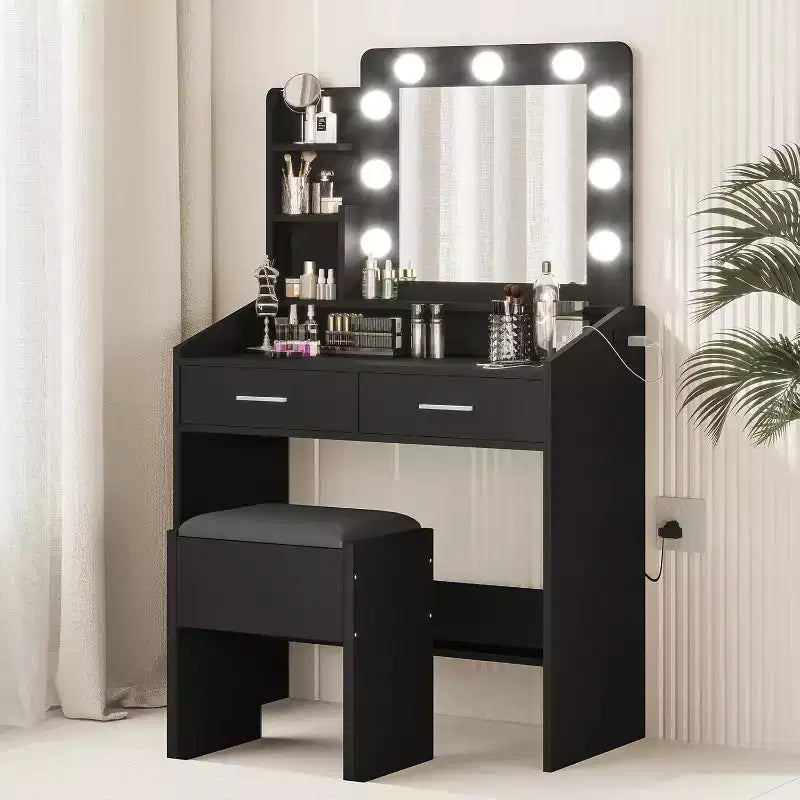 Coiffeuse Acekool avec Miroir, Ampoules, Chaise, Tiroirs et Prises de Courant pour Chambre ou Salon