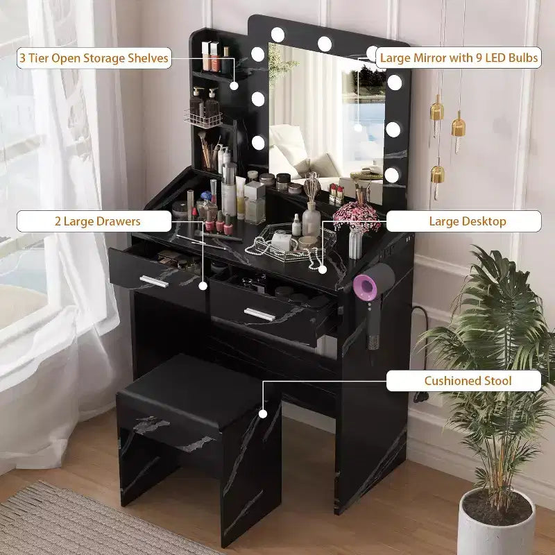 Coiffeuse Acekool avec Miroir, Ampoules, Chaise, Tiroirs et Prises de Courant pour Chambre ou Salon