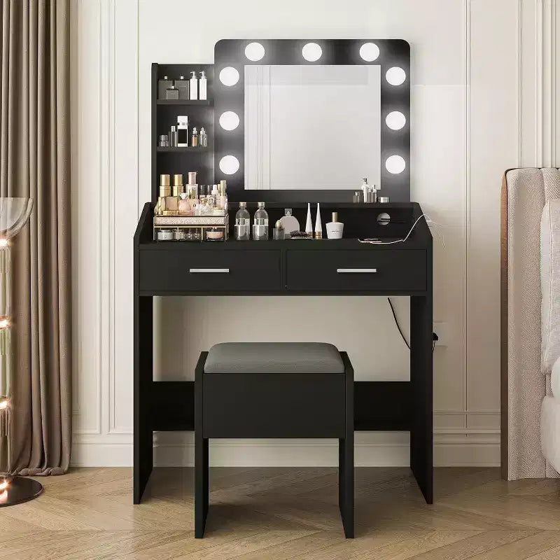 Acekool Vanity Table with Mirror, Light Bulbs, Chair, Drawers & Power Outlets for Bedroom or Salon