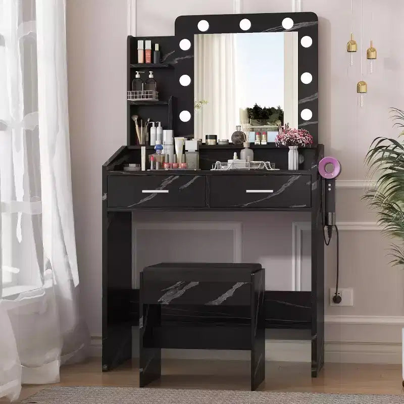 Coiffeuse Acekool avec Miroir, Ampoules, Chaise, Tiroirs et Prises de Courant pour Chambre ou Salon