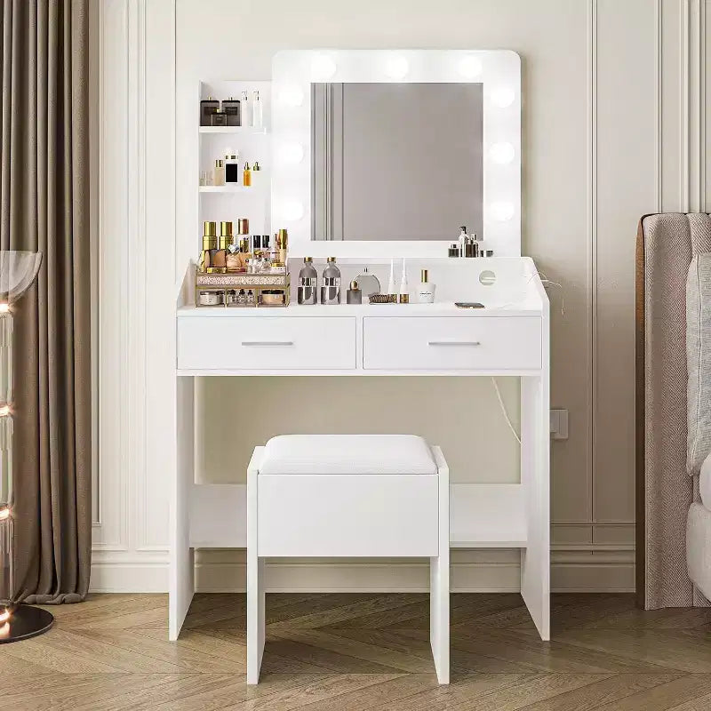 Coiffeuse Acekool avec Miroir, Ampoules, Chaise, Tiroirs et Prises de Courant pour Chambre ou Salon