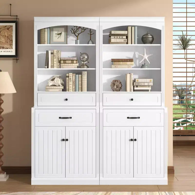 Meuble haut de rangement avec portes et tiroirs, 198 cm, étagère bibliothèque autoportante, économiseur d'espace de cuisine, blanc