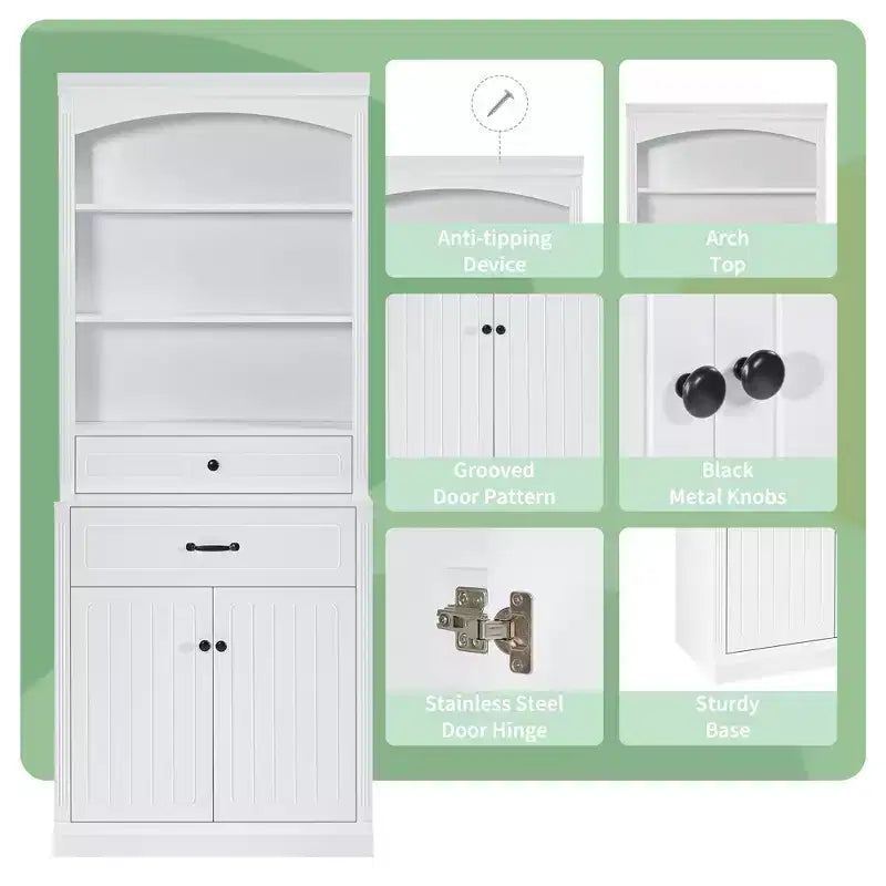 Meuble haut de rangement avec portes et tiroirs, 198 cm, étagère bibliothèque autoportante, économiseur d'espace de cuisine, blanc