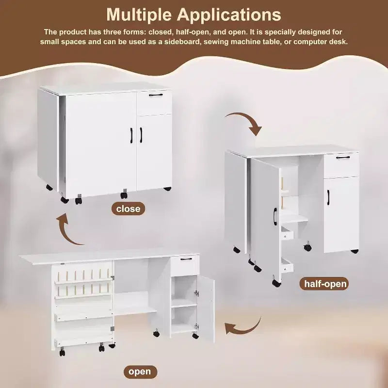 Table pliante pour machine à coudre, station de loisirs créatifs polyvalente avec étagères de rangement et roulettes verrouillables, bureau de couture mobile pour la maison, la chambre